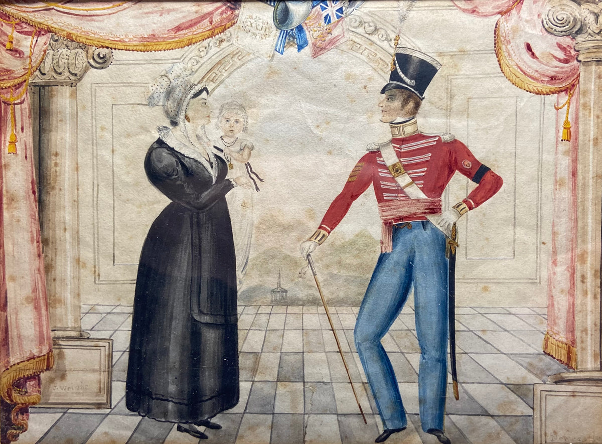 Naive watercolour of a Company Sergeant Major of the 22nd Regiment of foot and his family, J. Wright, Newcastle, 1832