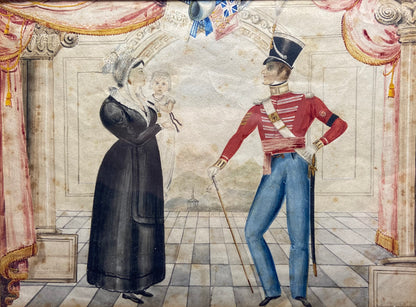 Naive watercolour of a Company Sergeant Major of the 22nd Regiment of foot and his family, J. Wright, Newcastle, 1832
