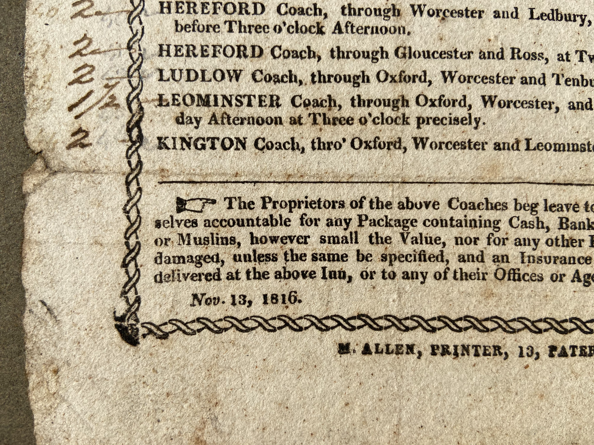 Georgian coaching inn broadside for the Bull & Mouth, London, 1816