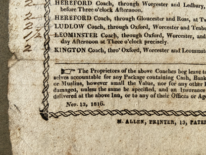 Georgian coaching inn broadside for the Bull & Mouth, London, 1816