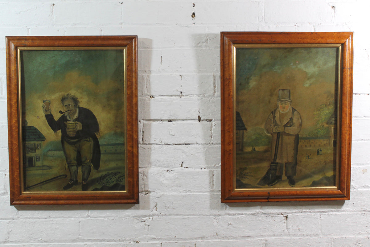 Naive pair of folk art portraits on tin from a Macclesfield museum