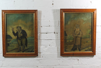 Naive pair of folk art portraits on tin from a Macclesfield museum