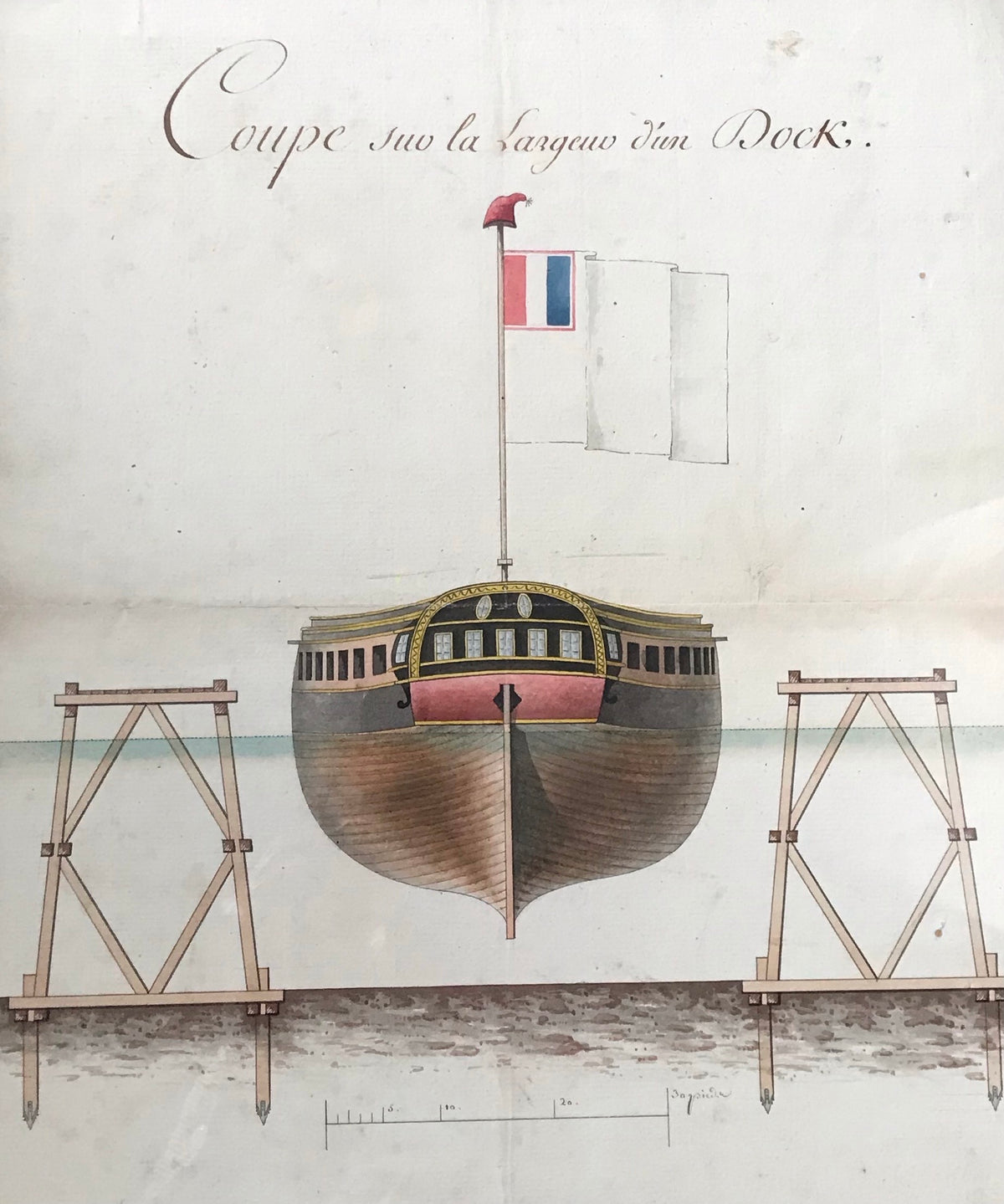 An important 18th century  plan depicting a frigate in the Dieppe docks by Napoleon's Chief Engineer Monsieur Lapeyre