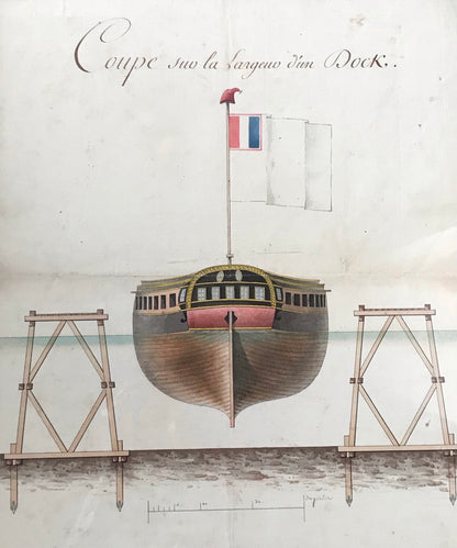 An important 18th century  plan depicting a frigate in the Dieppe docks by Napoleon's Chief Engineer Monsieur Lapeyre