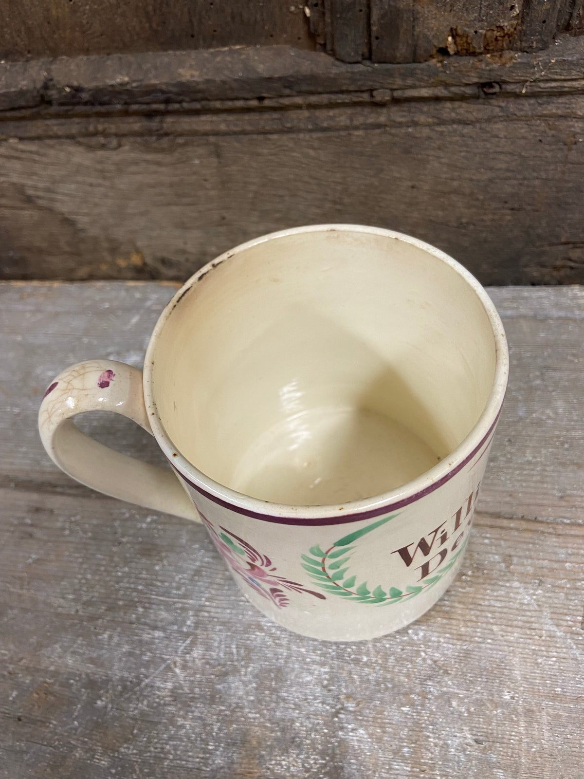 A large Yorkshire Creamware pint mug, 1802, for William Street of Dewsbury Moor, Yorkshire