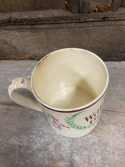 A large Yorkshire Creamware pint mug, 1802, for William Street of Dewsbury Moor, Yorkshire
