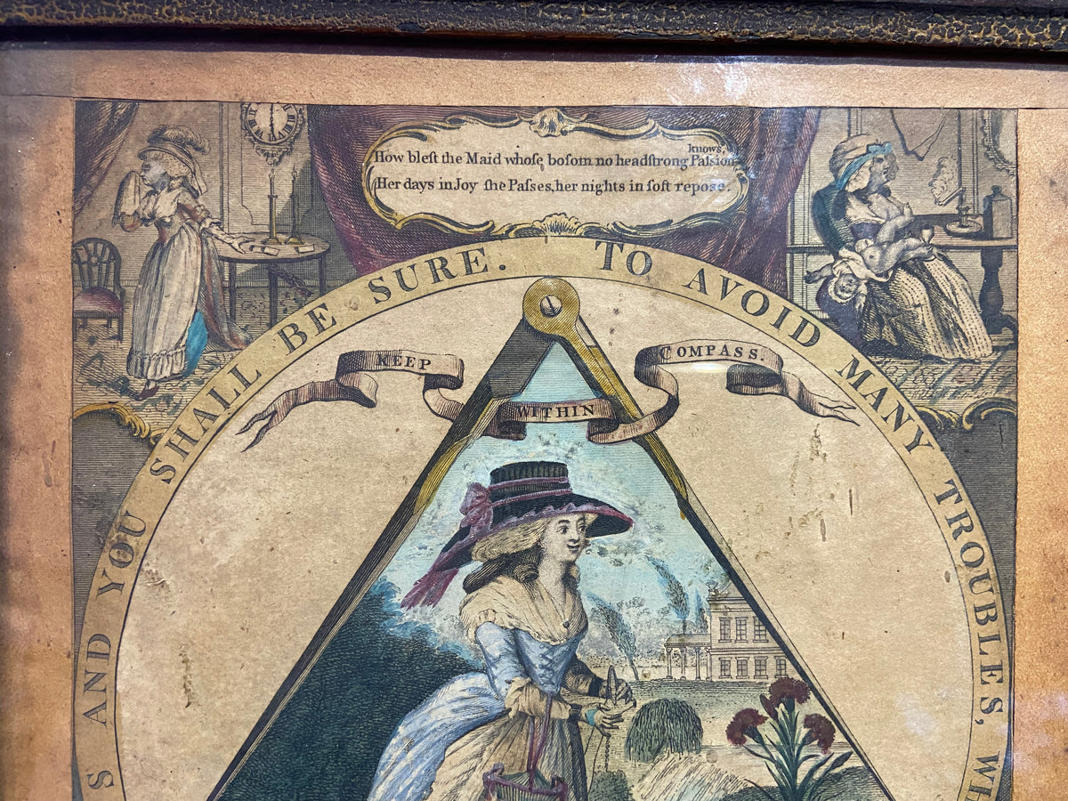 A George III hand coloured engraving 1786 of a warning to be virtuous