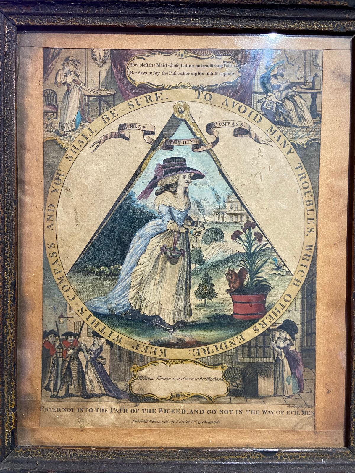 A George III hand coloured engraving 1786 of a warning to be virtuous