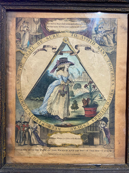 A George III hand coloured engraving 1786 of a warning to be virtuous