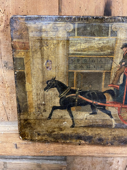19th century primitive painting of a London Parcels Delivery Company cart outside of the Spread Eagle coach office, Regent Circus, London c. 1860
