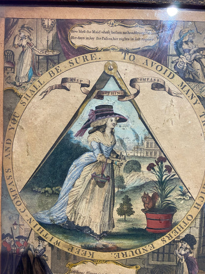 A George III hand coloured engraving 1786 of a warning to be virtuous
