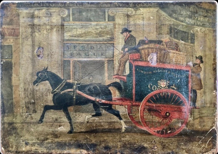 19th century primitive painting of a London Parcels Delivery Company cart outside of the Spread Eagle coach office, Regent Circus, London c. 1860