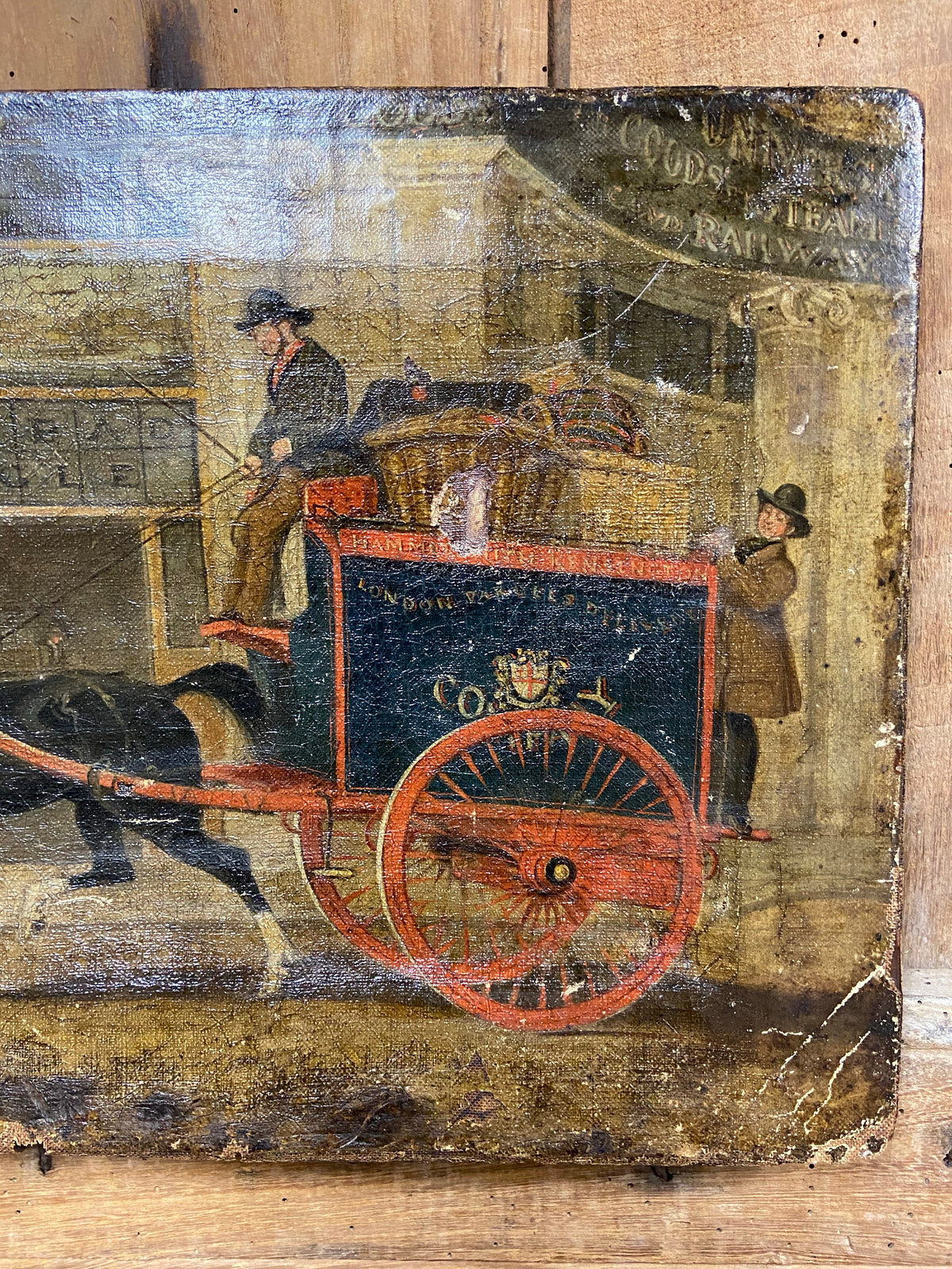 19th century primitive painting of a London Parcels Delivery Company cart outside of the Spread Eagle coach office, Regent Circus, London c. 1860