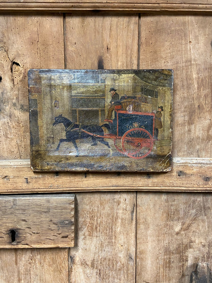 19th century primitive painting of a London Parcels Delivery Company cart outside of the Spread Eagle coach office, Regent Circus, London c. 1860