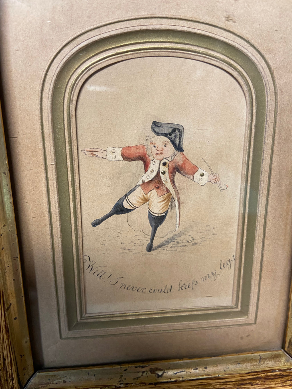 A pair of early 19th c watercolours of a solider and sailor with wooden legs