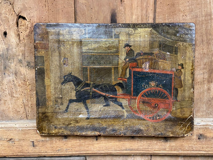 19th century primitive painting of a London Parcels Delivery Company cart outside of the Spread Eagle coach office, Regent Circus, London c. 1860