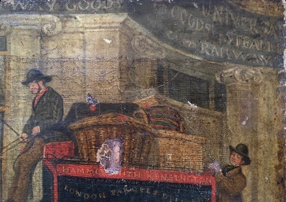 19th century primitive painting of a London Parcels Delivery Company cart outside of the Spread Eagle coach office, Regent Circus, London c. 1860