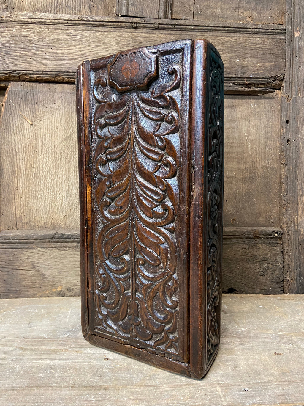 A rare 17th century carved scales box c. 1680