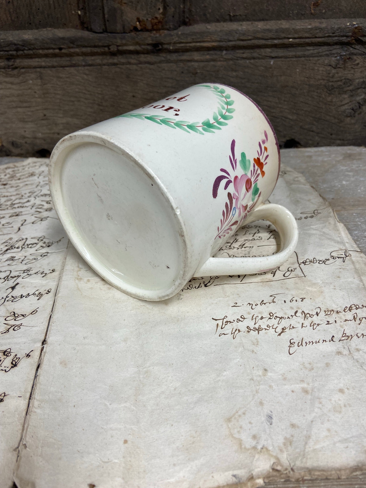 A large Yorkshire Creamware pint mug, 1802, for William Street of Dewsbury Moor, Yorkshire