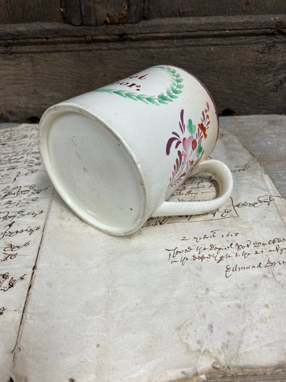 A large Yorkshire Creamware pint mug, 1802, for William Street of Dewsbury Moor, Yorkshire