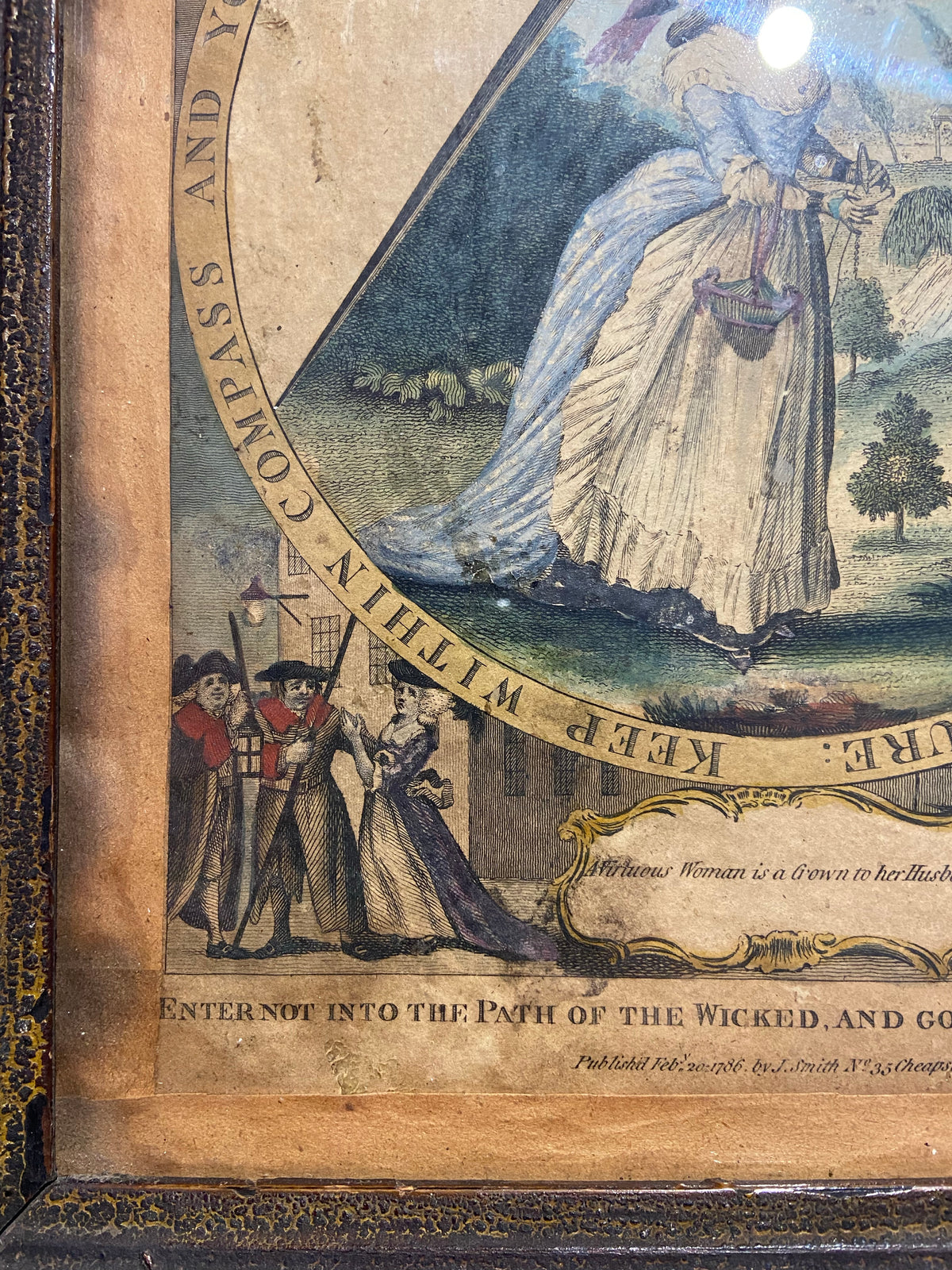 A George III hand coloured engraving 1786 of a warning to be virtuous