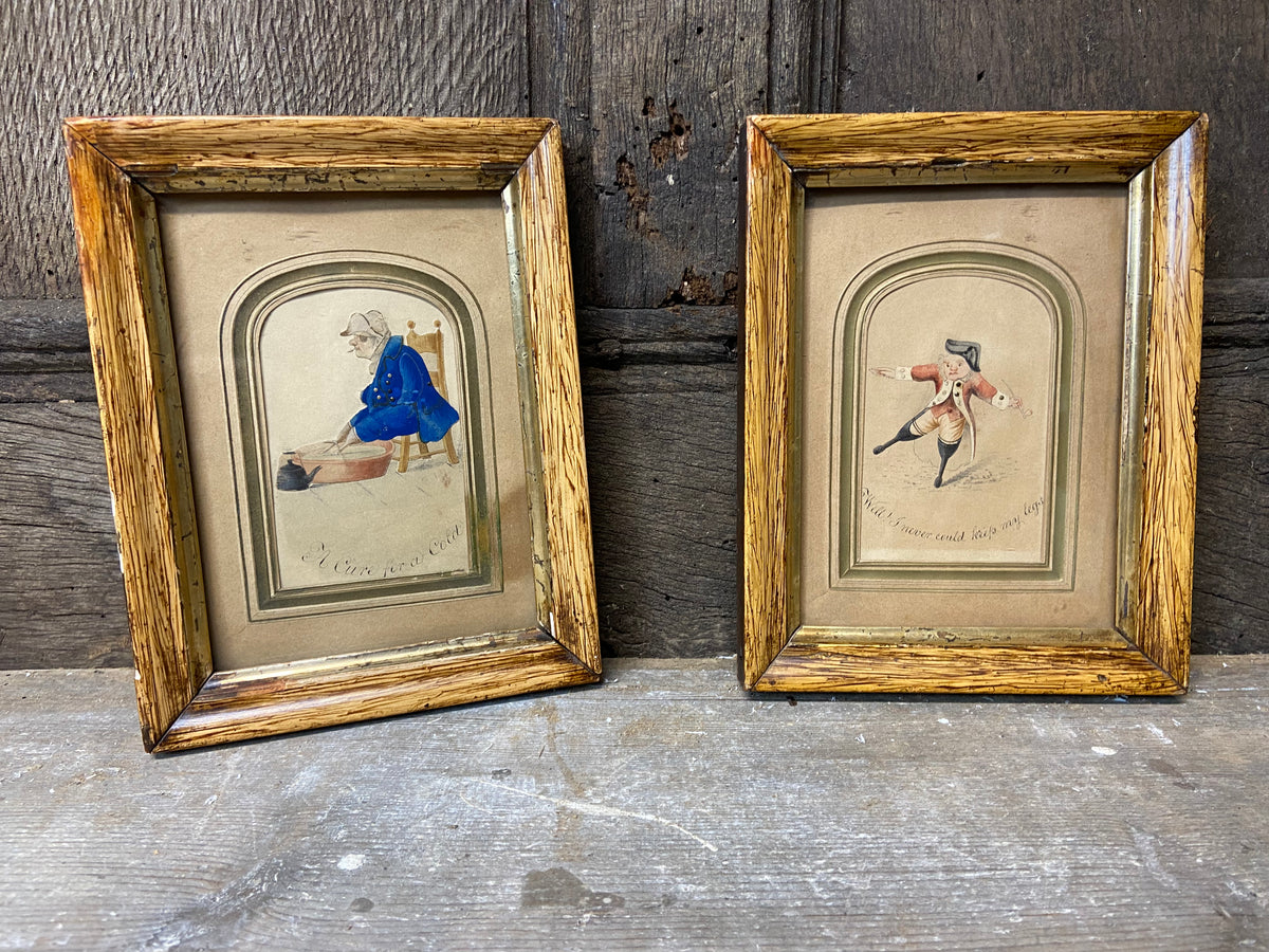 A pair of early 19th c watercolours of a solider and sailor with wooden legs