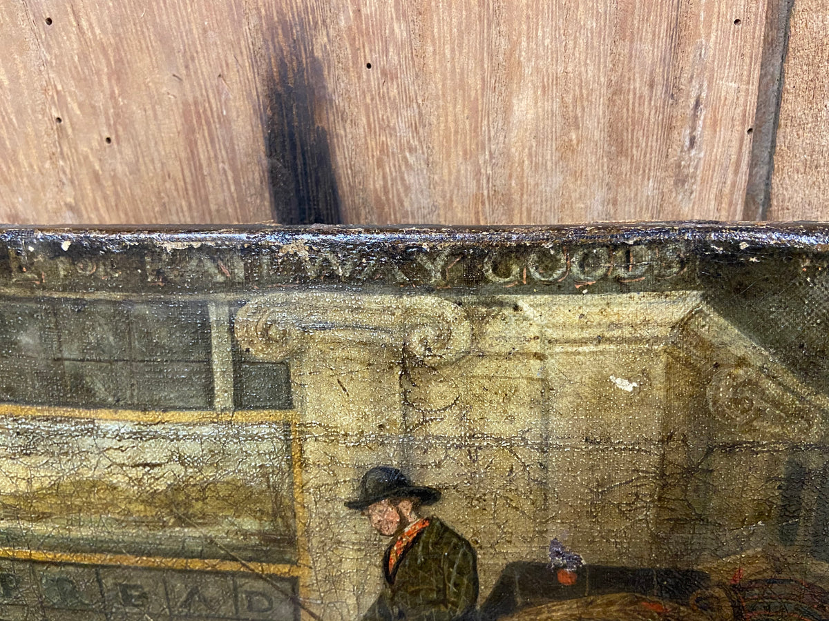19th century primitive painting of a London Parcels Delivery Company cart outside of the Spread Eagle coach office, Regent Circus, London c. 1860