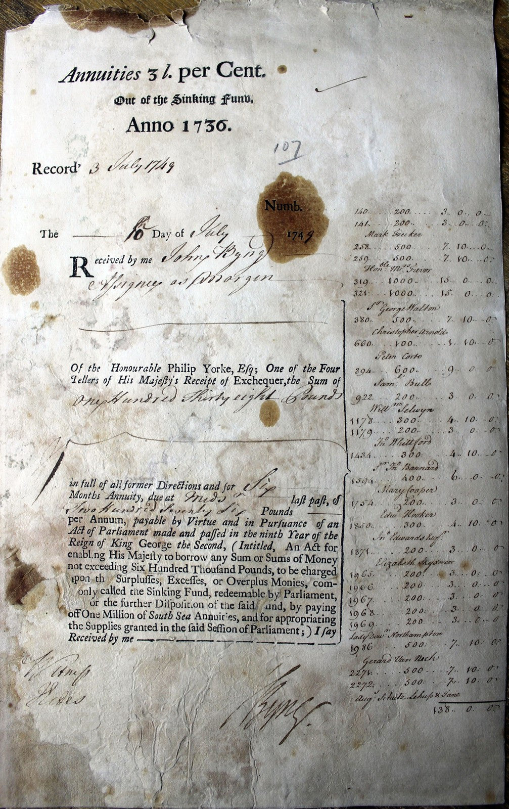 18th century document signed by Admiral Byng