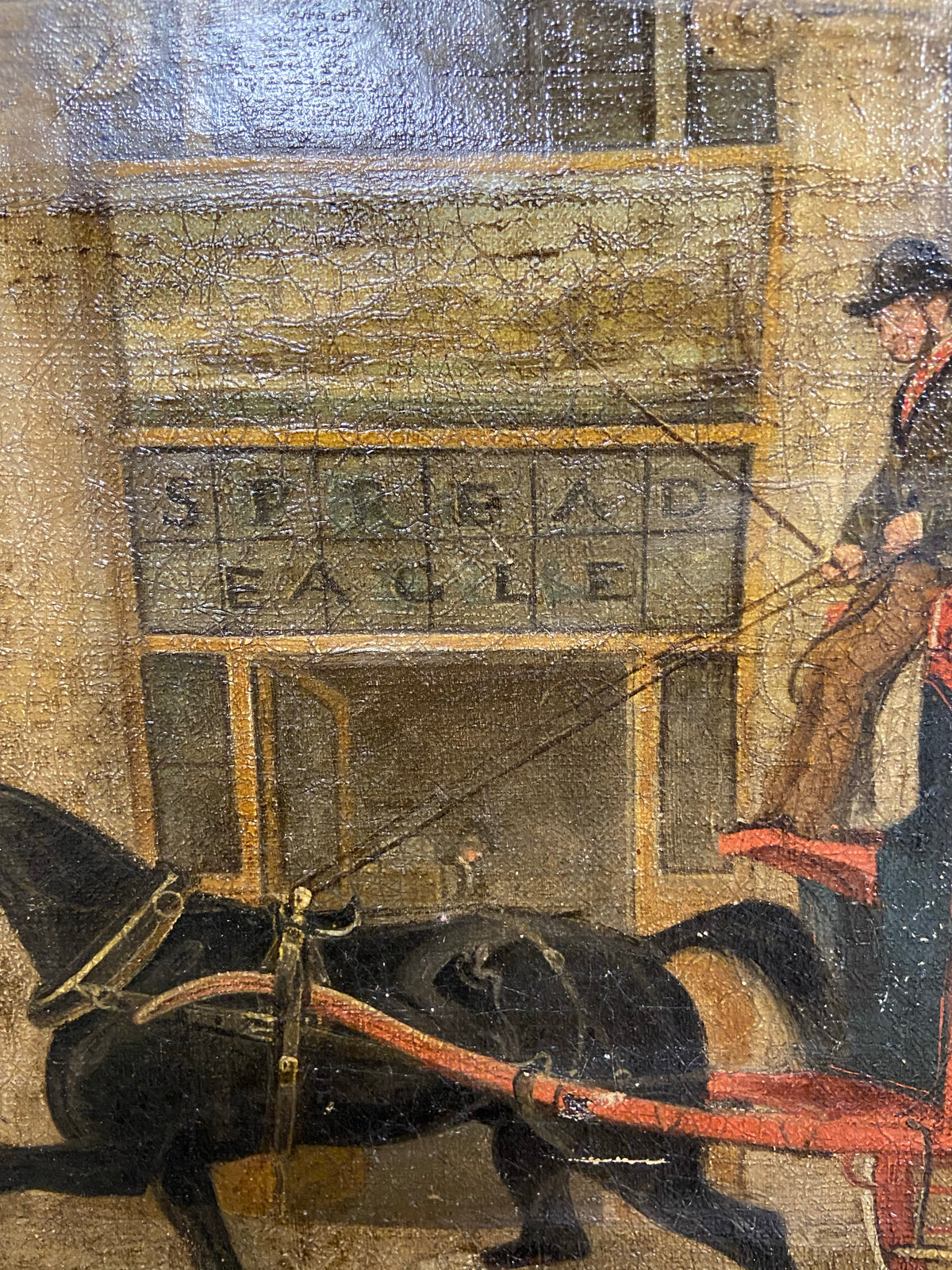 19th century primitive painting of a London Parcels Delivery Company cart outside of the Spread Eagle coach office, Regent Circus, London c. 1860