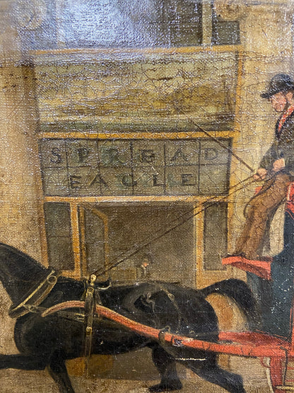 19th century primitive painting of a London Parcels Delivery Company cart outside of the Spread Eagle coach office, Regent Circus, London c. 1860
