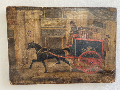 19th century primitive painting of a London Parcels Delivery Company cart outside of the Spread Eagle coach office, Regent Circus, London c. 1860