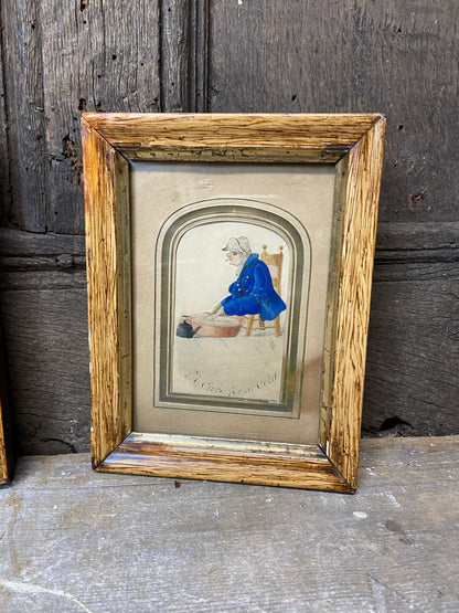 A pair of early 19th c watercolours of a solider and sailor with wooden legs