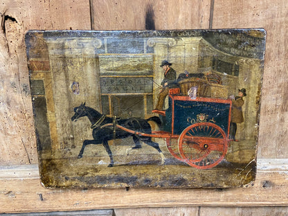 19th century primitive painting of a London Parcels Delivery Company cart outside of the Spread Eagle coach office, Regent Circus, London c. 1860