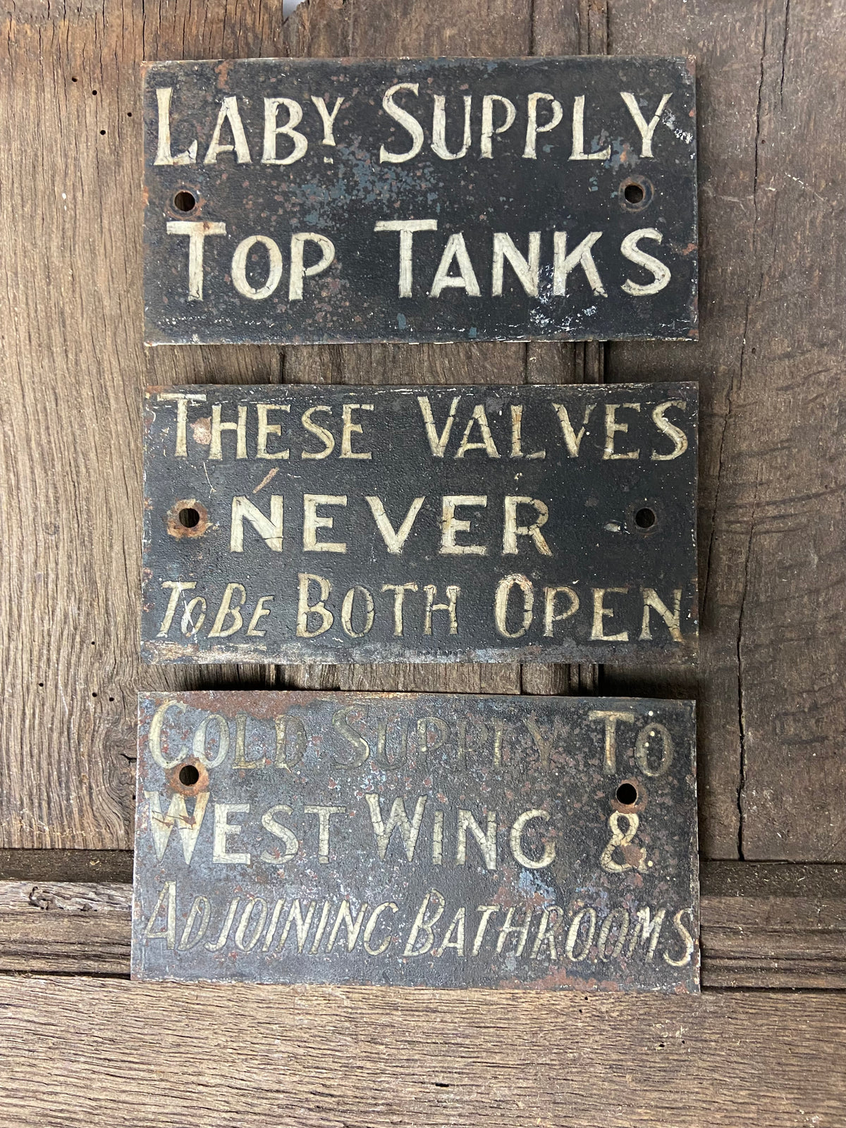 Set of 3 19th century English country house tole signs in the original paint finish